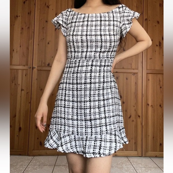 Just Me Dresses & Skirts - Nordstrom Just Me tweed ivory black sheath dress new career 10 plaid ruffle